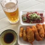 Maruha Sengyo - 生ビール 600 天ぷらと刺身 1100円(ビールは撮る前にひと口飲んじゃった)