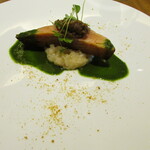 Derire - 北海道秋鮭のムニエル 切り干し大根のリゾット  キノコとオリーブと2種類の味噌を合わせたタプナードソース風 九条ネギのソース