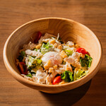 Steamed chicken and warm egg Caesar salad