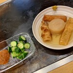 名代お好み焼き 田舎鉄板炉ばた 花舎 - ちくわ、ごぼう、大根、厚揚げ、もろきゅう