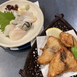 Appare Sushi Maru - お刺身秋の貝3種盛り、ふぐの唐揚げ