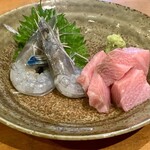 Assorted raw bluefin tuna and angel shrimp