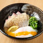 Sesame amberjack topped with hot spring egg