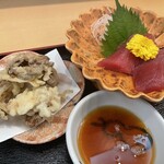 旬菜大前 - 鮪の刺身と舞茸の天ぷら