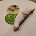 credo - 庄内真鯛のソテー
      ブロッコリーとアサリ出汁のソース
      蕪とイクラと向日葵