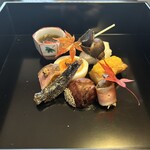 ほう月 - もずく　ばい貝　魚の黄身？味噌？焼き　しめじベーコン　栗の渋皮煮　他
