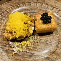 開化亭 - 【写真①】鱈の白子焼き 唐墨掛け、じゃがいも餅 豆鼓ソース