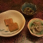 津軽路　弥三郎 - 肴セット5品　1980円　かぼちゃ　帆立　キノコ塩辛