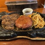大衆ステーキとハンバーグ炭火焼専門店 ミンチェッタ - 北海道産牛ヒレ肉と手ごねハンバーグ　てんこ盛り　オリーブオイルとポン酢醤油の和風オイルソース