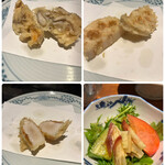 Tempura Shinjuku Tsunahachi - 浜風７４８０円。舞茸、蓮根、ホタテ、野菜サラダ。れんこんもホクホクで良い味わいです。ホタテ、絶品でした！