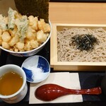 Tendon Hamada - 塩バラ天丼(海老、いか、小柱、ししとう、大葉)と小そば(冷)
