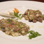 オステリア・オリエーラ - Oct, 2013　サンマのサラダ仕立て　赤ピーマンとトマトのムース、ブッラータ添え