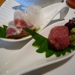 近江懐石 清元 - 2013.11.5　プレートランチのお造り　鯛の昆布締めとネギトロ