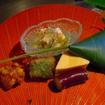 しのはら - 玉子豆腐　佐渡の渡り蟹、長良川の天然鮎、笹巻き寿司とうもろこしかき揚げ、ズッキーニのフライ　トリュフソルト