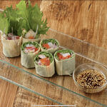 Yuba spring rolls with shrimp and Kyoto mizuna