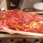 Oosaka Yakiniku Horumon Futago - 某テレビ番組、ガリタＰも絶賛『はみ出るカルビ』(^o^) ジューシー！旨いです！店員さんが至れり尽くせりで、責任を持って焼いてくれます。ちょっとした
                        コース料理⁉︎