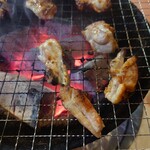 Ganso Horumon Wakitaya - このホルモンも美味しかったけれど
      これよりもいいなあ、と思ったのは若鶏の方
      炭火で焼かれることにより
      炭火の香りも纏って外はコンガリと
      中は鶏の肉汁か閉じ込められてジューシー
      素敵な味わいで美味しい❕