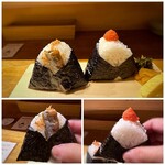 Omusubi Yokochou - ◆明太子は辛口タイプ。ご飯がツヤツヤで美味しい。 ◆明太ししゃもは、ししゃも卵のプチプチ食感が面白い。どちらも中にも具が入っていました。