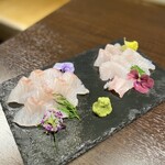 お野菜と日本酒 大地 - お刺身2種盛り 両方とも本日の高級魚とのこと ウマシ