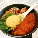 Oyako-don (Chicken and egg bowl) with salmon and salmon roe