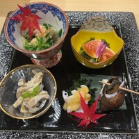 京都 鮨 もと樹 - みぶな、いちじくの酢の物、安納芋の白和え、ケンサキイカ、バイ貝
