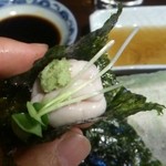 サケとスミビとロシュタン - 白子にわさびとカイワレ乗せて、海苔で巻いたら