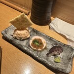 五反田 鳥心 - 前菜　明太ポテサラ　蒸し鶏おろしポン酢　長芋ゆかり