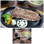 肉が一番 - ◆サーロインは120ｇ、熱々の鉄板で出され最後の焼きは自分の好みで仕上げます。 いつもレアで頂くのですけれど、安いお肉（失礼）はよく焼いた方がいいかな、、と。(^_^; お肉自体は柔らかく、和風のタレを選んだのでサッパリいただけます。