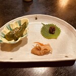 Nagoya Yabu - 前菜3種　蕎麦味噌、南蛮漬け、ピーマン煮