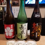 Hanashinobu - 今日の日本酒三種盛りー。左から←天寿←長良川←鬼から(山形の月山)鬼からは、すっきりのサッバリー。明日とか体調とか、大人でなければ一升飲める。一晩で！