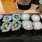 Fuku sushi - ●夕食 単品。中瓶B550X3+刺し(鮑ｱﾜﾋﾞ1490X2+ｻｻﾞｴ590X2+ｲｸﾗ690)+ﾊﾞｳﾀﾞﾝ590+巻物(ﾄﾛ鉄火1600+梅ｼｿ250+海老ﾏﾖ350)+土産(大阪寿司1150)=11,030円 