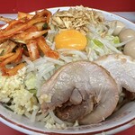 ラーメン二郎 - ラーメン（900円）＋汁なし変更（100円）＋味うずら（100円）＋SUPERキムチ（100円）、ニンニクコール