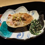 富小路 やま岸 - 【焼き物】:蒸し香箱ガニ-菊菜の胡麻和え-