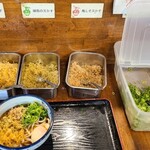 Odoru Udon - 無料トッピングテーブルには、刻み葱&天かす《ノーマル・磯部・梅紫蘇の3種》が置かれていました
