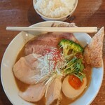 黄昏タンデム - 月光鶏ポタそば(大盛・ちょいトピ)と、白ご飯(中)