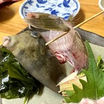 魚市場 小松 - ハギの肝刺し(マルハギ)目が生きている