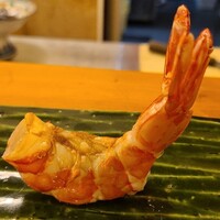 赤吉 - ⑱油通し熊海老(別称:赤足海老、愛媛県今治産)
                      産卵は初夏～夏、旬は冬～春、車海老の近種
                      蒸しではなく高温の油通しで甘みと旨みを際立たせています
                      車海老よりも力強い甘みですね