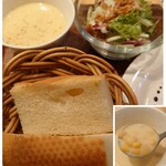 Ｌｅ 日本食堂 - ランチのパン、サラダ、スープ✨コーンたっぷりでした♪パンのバスケットは もう少し清潔感があると嬉しい！