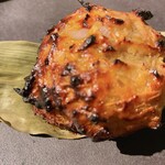 Hand meatballs on a bamboo boat, grilled with burdock miso