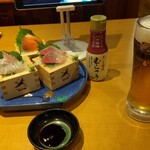 Ebisu No Utage - ちょい盛りサーモン、鯛、かんぱち刺身、キリン生ビール