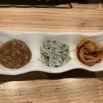 Miyaji Senya - 珍味3種盛り　620円
                        （イカ明太・シラスワサビ・マグロの酢漬け）