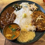 ハルダモンカレー - 三種盛り右から無水チキン、出汁シーフードカレー、牛すじカシミールカレー（アンドポーク