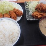 海鮮食堂おくどさん - カキフライ(^-^)鳥から(^^)/ごはん中(^^)vきのこと野菜たくさん汁(*^^*)