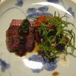 山荘無量塔 - 夕食：変鉢（大分県産黒毛和牛 墨焼き ポン酢おろし）