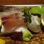 山荘無量塔 - 夕食：向付（縞鯵、平目のあさつき巻）