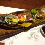 山荘無量塔 - 夕食：向付（季節の関魚 四題 紅参 生山葵 他）