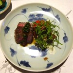 山荘無量塔 - 夕食：変鉢（大分県産黒毛和牛 墨焼き ポン酢おろし）