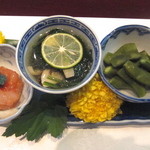 Seikakobayashi - 前菜3種
                        　甘海老、松茸お浸し、茶豆