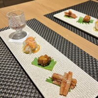 名駅 鮨 Sublime - 前菜（ホタルイカの味噌漬け、かぶらとサーモンマリネ、鱈の旨煮、山牛蒡の梅肉和え）