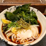 たけうちうどん店 - 温玉わかめぶっかけ【冷】(税込950円)
            若布、温玉、酢橘、摺りおろし生姜、刻み葱、刻み海苔
            ダシは昆布メインに潤目鰯&鯖節&宗田鰹節で引いた出汁を合わせ、醤油&味醂&砂糖を加えた甘辛い濃いめの味わい